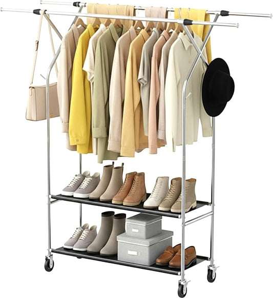 Heavy Duty Clothes Rack,Double Rods Clothing Rack for Hanging Clothes,Rolling Clothing Racks with Wheels,Metal Garment Rack for Bedroom Laundry Living Room,Light Silver