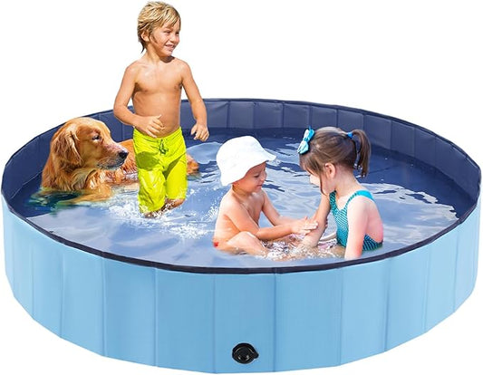 Foldable Dog Pool, Portable Pet Bath Tub and Kiddie Swimming Pool, Collapsible Bathtub for Puppies, Small, Medium and Large Dogs, Cats and Kids, 97 x 12 in, Blue