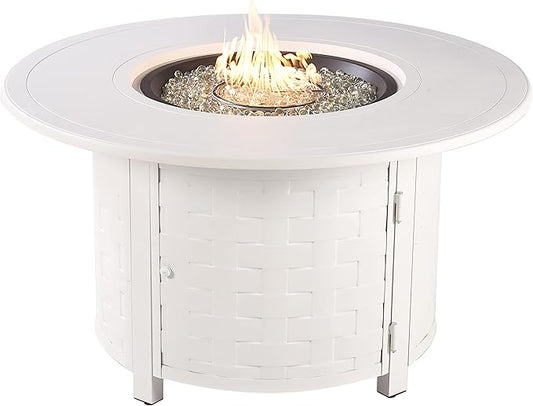Round 44 in. x 44 in. Aluminum Propane Fire Pit Table with Glass Beads, Two Covers, Lid, 57,000 BTUs in White Finish