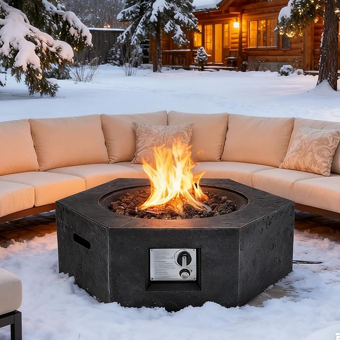 ECOTOUGE Propane Fire Pit Table, Outdoor Gas Fire Pit Set w/Side Handles, 30''Auto-Ignition Steel Fire Table, 50,000 BTU Hexagon Concrete fire Pit w/Weather-Resistant Pit Cover, Lava Rocks, Black