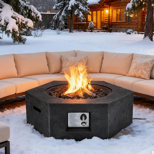 ECOTOUGE Propane Fire Pit Table, Outdoor Gas Fire Pit Set w/Side Handles, 30''Auto-Ignition Steel Fire Table, 50,000 BTU Hexagon Concrete fire Pit w/Weather-Resistant Pit Cover, Lava Rocks, Black