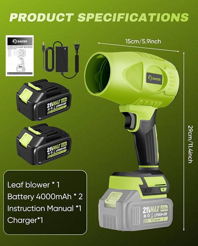 Saker Cordless Leaf Blower Portable Dust Cleaner Handheld Blowers 2 x 4.0Ah Batteries 180000 RPM Air Duster with Adjustable Speed for Drying Patio Cleaning Green