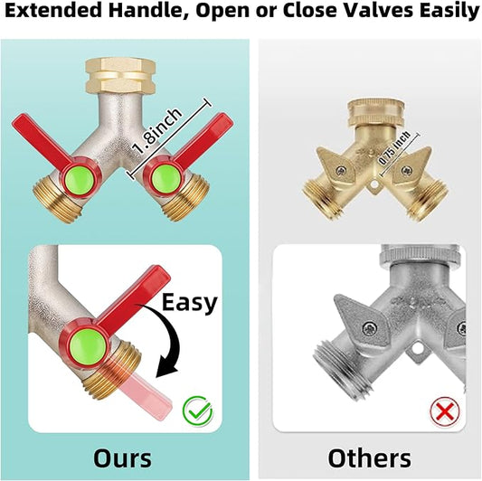 Hose Splitter 2 Way,High flow Garden Hose Splitters, Y Splitter 2 Valves, Faucet Splitter, 2 Way Heavy Duty Brass Splitter, Outdoor Faucet Diverter, Y Valve 3/4" GHT Thread.