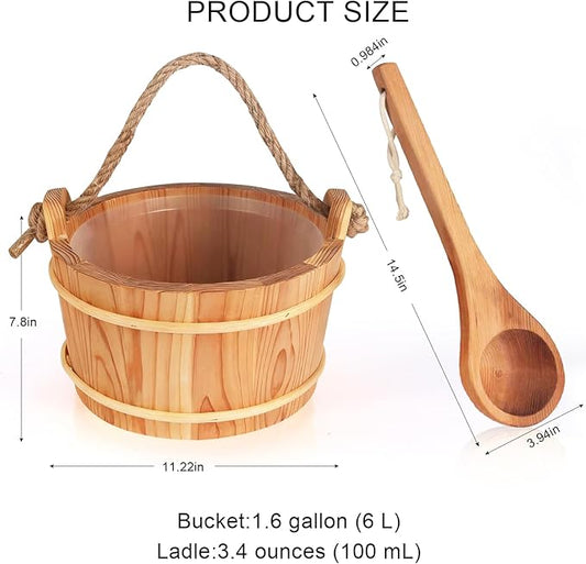 6L Wooden Sauna Bucket and Ladle Set, Handmade Cedar Sauna Bucket with Rope Handle,Natural Cedar