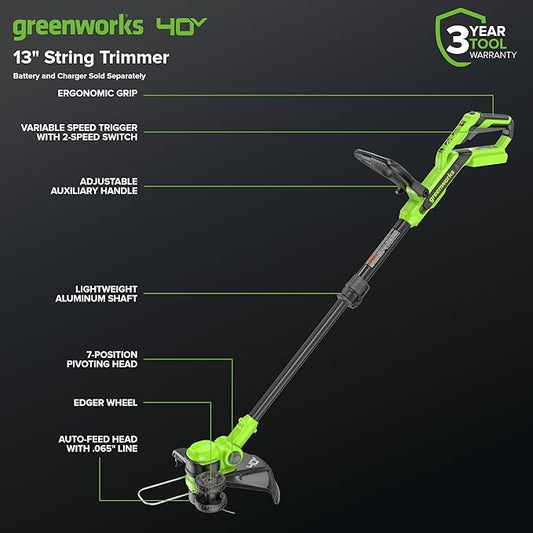 Greenworks 40V 13" Cordless String Trimmer/Weed Wacker + Edger (Includes 20 Blades), 2.0Ah Battery and Charger Included