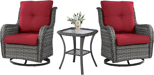 Belord Outdoor Swivel Rocker Wicker Chairs Set of 3, High Back Swivel Patio Chairs Wicker Furniture Set, 2 PCS Rattan Swivel Rocking Chair with Side Table, Red Cushion