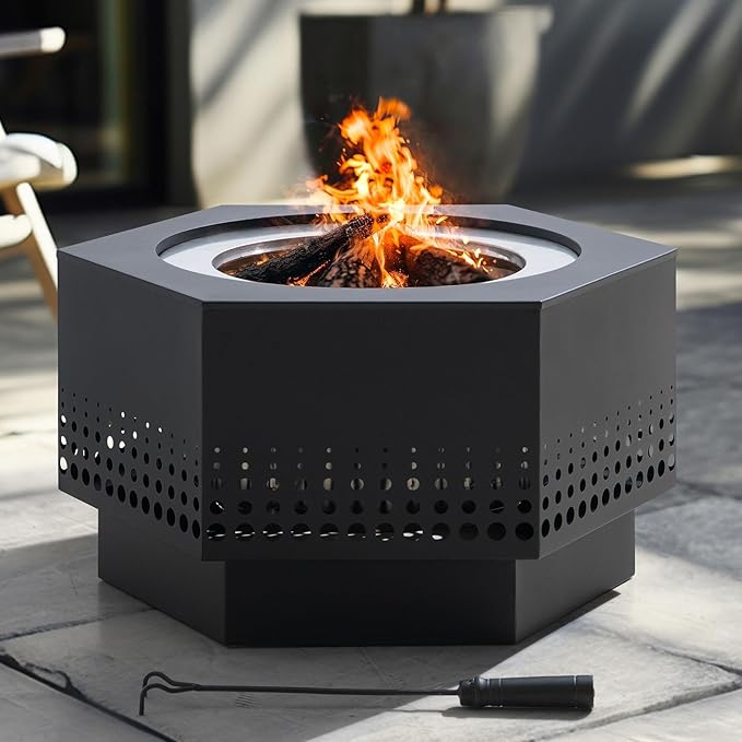 Sunjoy 28 in Smokeless Fire Pit with Removable Ash Pan, Outdoor Portable Wood Burning Fireplace with PVC Cover and Fire Poker,Ideal for Camping, Bonfire, and Backyard, Black