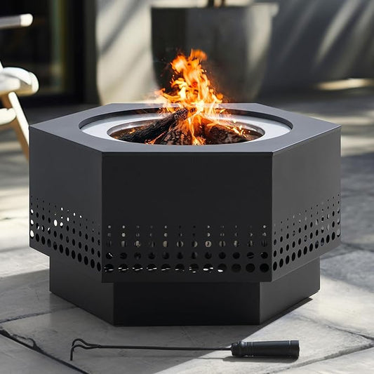Sunjoy 28 in Smokeless Fire Pit with Removable Ash Pan, Outdoor Portable Wood Burning Fireplace with PVC Cover and Fire Poker,Ideal for Camping, Bonfire, and Backyard, Black