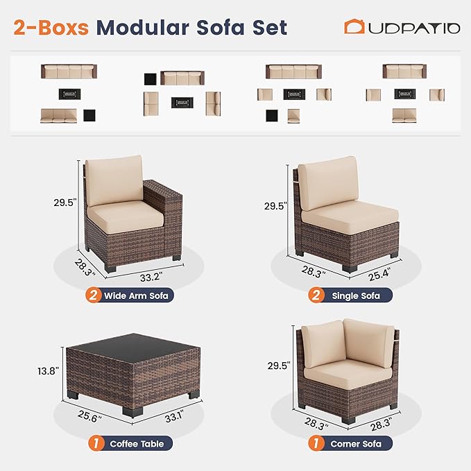 UDPATIO Patio Furniture Set, 8 Inch Armrest Patio Sectional Furniture, 6 Piece Wicker Outdoor Sectional Conversation Sets with Waterproof Cover and Coffee Table for Backyard Deck(Brown/Khaki)