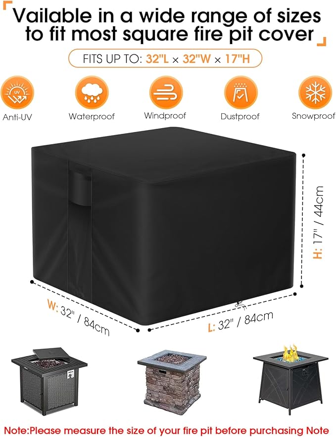 POMER Fire Pit Cover, Square 32x32x17 inch Outdoor Fireplace Cover for 28/30/32 in Gas Fire Table Waterproof Firepit Covers