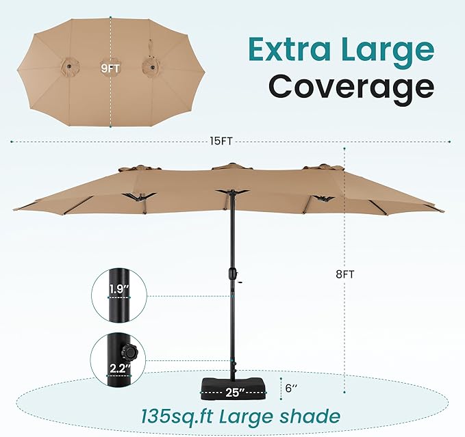 SMUG 15FT Large Patio Umbrella with Base Included, Rectangle Table Umbrella Outdoor Patio, Outside Umbrellas for Deck, Market, Backyard, khaki