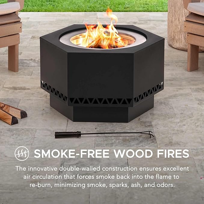 Sunjoy Fire Pit Smokeless 28 in. Hexagonal Outdoor Fire Pit, Patio Wood Burning Smokeless Firepit w/PVC Cover and Fire Poker, Ideal for Camping, Bonfire, and Backyard, Black