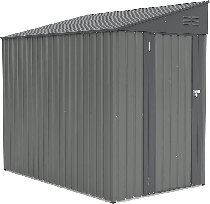 4x7 FT Metal Outdoor Storage Shed, Lean-To Garden Tool and Bike Shed with Lockable Door and Air Vents, Waterproof Sloped Roof Steel Utility Shed for Backyard, Patio,Lawn Equipment, Olive Gray