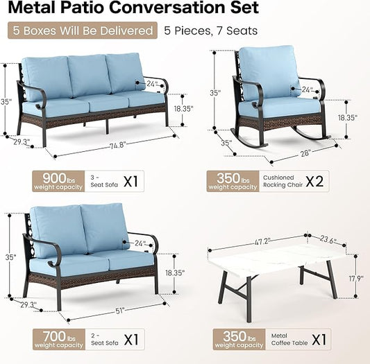 5 Piece Metal Outdoor Patio Furniture Set, Patio Conversation Sets 3-Seater Sofa, 2-Seater Sofa, 2 Rocking Sofa with 5.75" Thick Cushion & Coffee Table Black Backyard Furniture, Blue