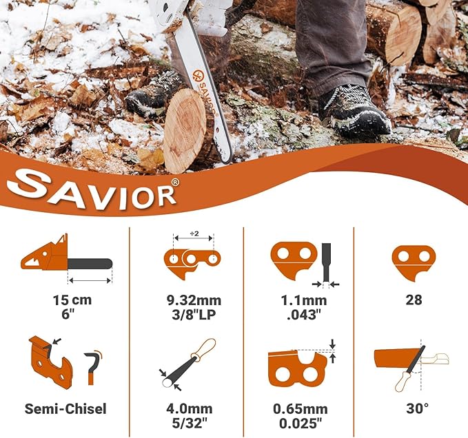 Savior 6 Inch Chainsaw Chain 3/8" LP Pitch .043" Gauge, 28 Drive Links Fits Milwaukee 2527-20 M12 Fuel Craftsman CMCCSL621D1 Remington Branch Wizard 6" Pole Saws & Chainsaws - R28 (4 Chains)