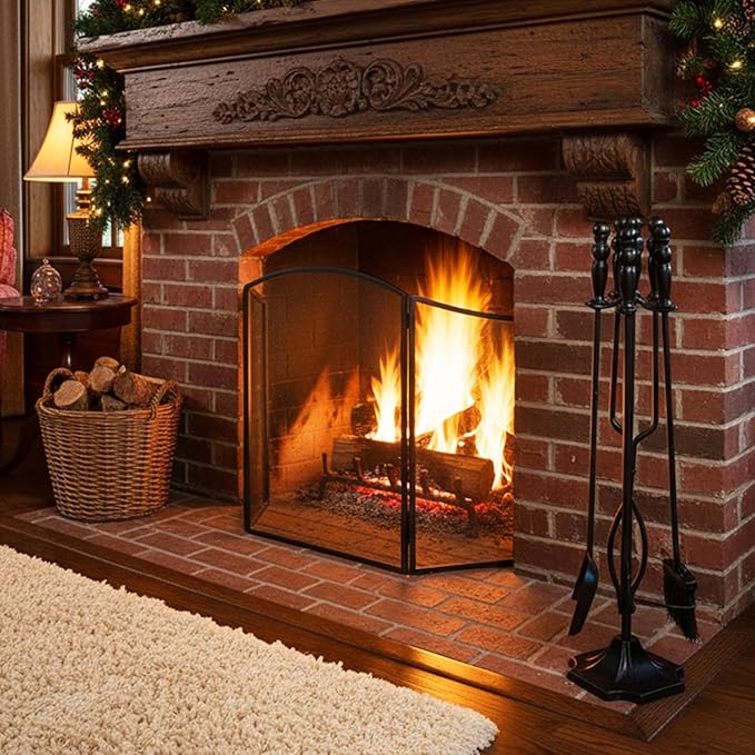 5 Pcs Fireplace Tools Set, Heavy Duty Cast Iron Fire Place Poker Set with Black Handle, Complete Kit with Base, Poker, Shovel, Tongs, Brush for Indoor Hearth or Outdoor Fire Pit