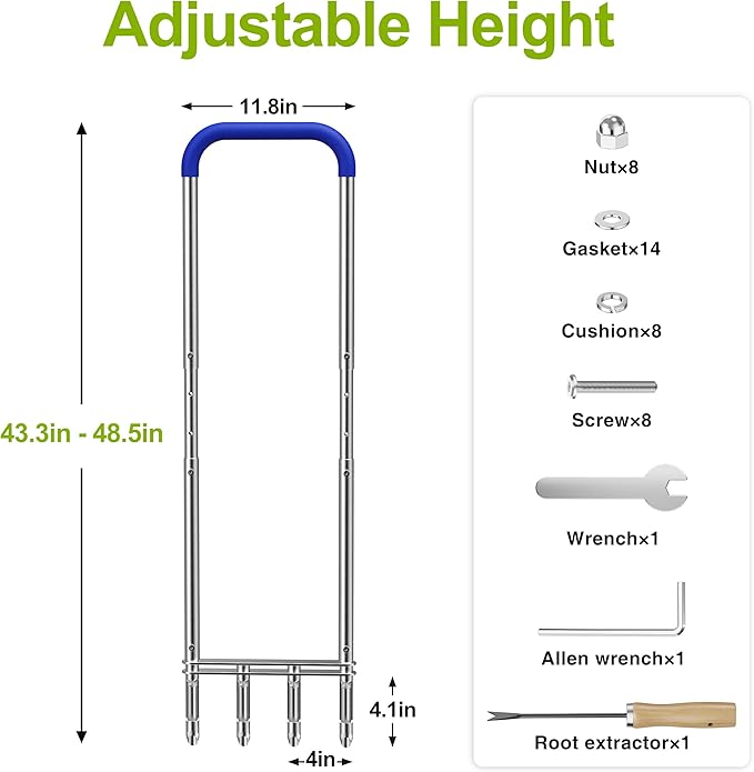Knee-Friendly Manual Lawn Aerator Tool – SUS304 Stainless Steel Core Aerator for Grass, Yard Aeration Tool with 4 Hollow Tines for Lawn Care and Compacted Soil,43.3"-48.5",Silver