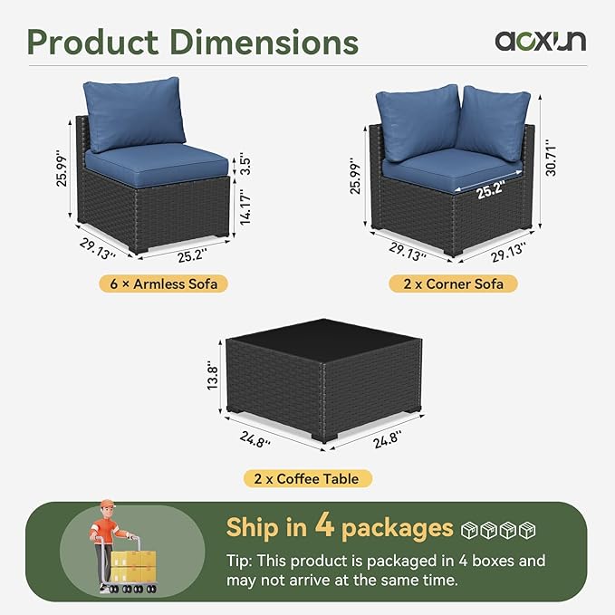 Aoxun 10 Piece Patio Furniture Set Wicker Rattan Patio Sectional Sofa Set Outdoor Seating Furniture with Thickened Cushion, Navy Blue