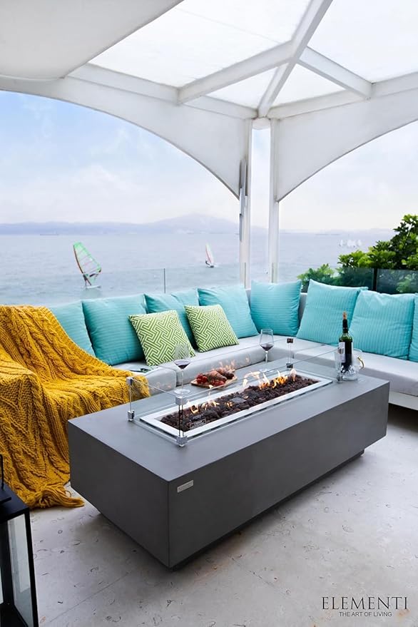 Elementi Granville Gas Fire Pit Cast Concrete Fire Table, Outdoor Fire Pit Electronic Ignition | Canvas Cover, Lava Rock Included | Free AMS Wind Guard | Light Gray (Propane Gas)