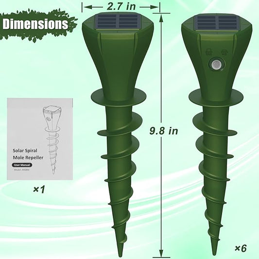 6 Packs Solar Mole Repellers, Gopher Deterrent Device with Vibrating Motor & Spiral Drill Ground Stake, IP65 Waterproof Lawn Garden Yard Pest Repellents Driving Away Vole Groundhog Snakes