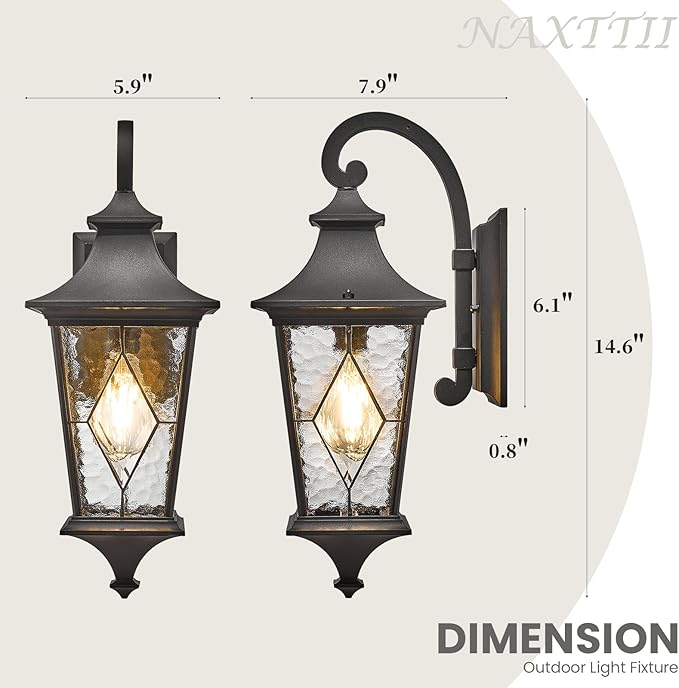 NAXTTII Outdoor Sconce Lights Black Porch Lights Outdoor Aluminum Waterproof Exterior Lighting Fixtures with Water Ripple Handmade Solder Glass E26 Socket