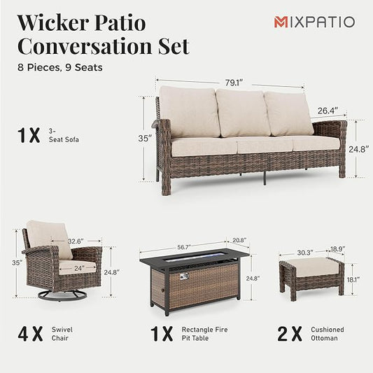 8-Piece Wicker Patio Furniture Set with Swivel Chairs, High Back Outdoor Furniture with Fire 57'' Pit Table and Ottoman, All-Weather Wicker Patio Conversation Set for Deck Yard Pool, Beige