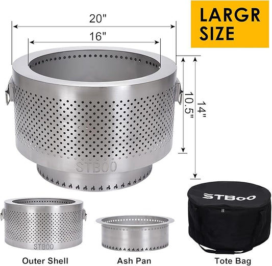 STBoo 20Inch Large Firepit - Fire Pits for Outside with Portable Carrying Storage, Outdoor Fireplace for Camping Picnic Backyard Beach,Stainless, L