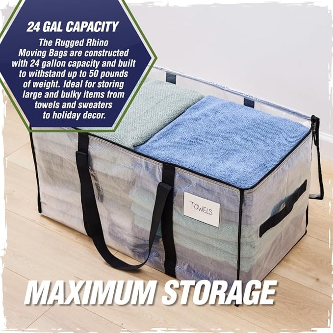RUGGED RHINO 4 Pack Heavy Duty Extra Large Moving Bags, Durable Bag with Strong Handles and Zipper, Moving Boxes Alternative for College Packing, Holiday Décor, Space Saving Storage with Label, Clear