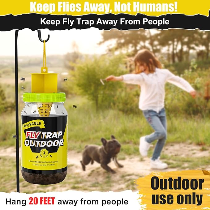 Reusable Fly Traps Outdoor Bottles, 3 Pack Fly Killer Catcher Jar with 6 Natural Magnet Bait Refills Lure, Flies Bug Insect Trap Control Outdoor Hanging for Outside Barns, Stable, Patio