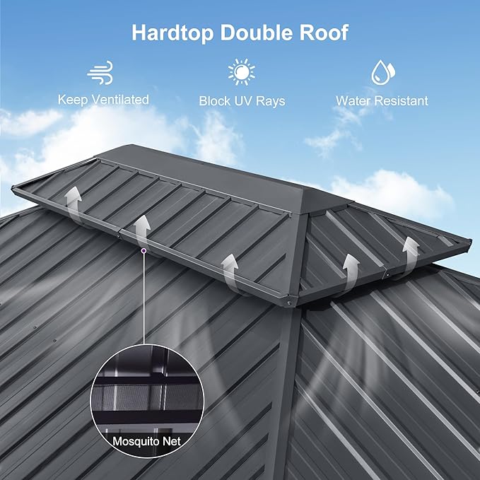 PURPLE LEAF 8'x10' Hardtop Gazebo with Lights Permanent Galvanized Steel Double Roof Outdoor Patio Pavilion Including Netting and Curtains for Garden Backyard Grey