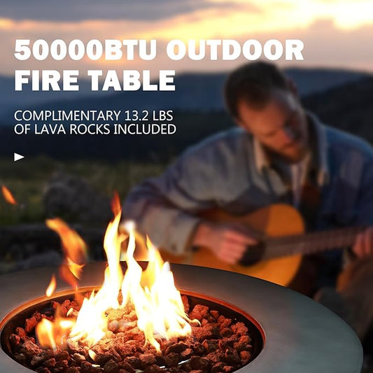 36" Round Propane Fire Pit Table,50,000 BTU Outdoor Concrete Gas Firepit with Tank Cover,Lid,Lava Rocks & Rain Cover for Patio,Deck,and Backyard