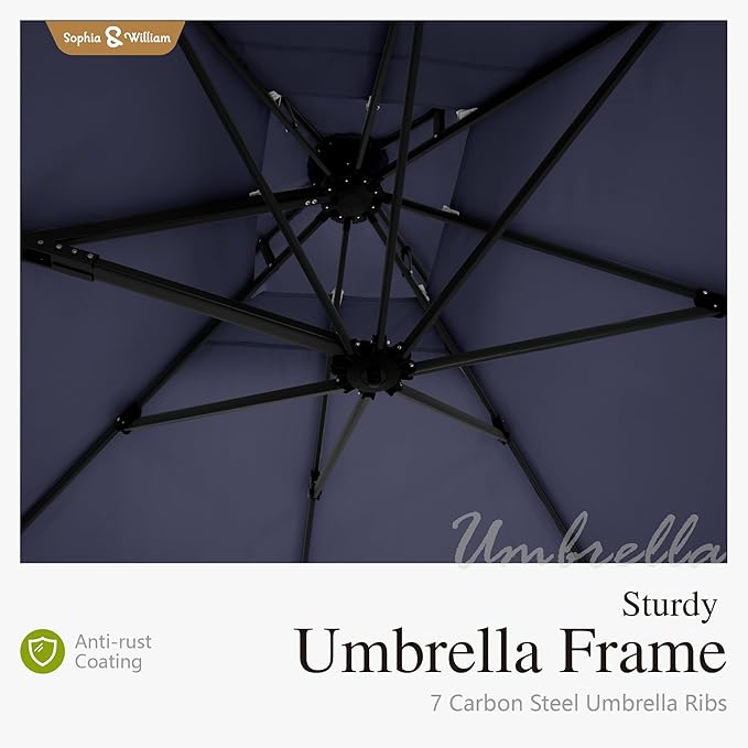 Sophia & William Cantilever Patio Umbrella 12ft, Offset Large Outdoor Umbrellas with 360°Rotation, Heavy Duty Hydraulic Double Umbrella for Garden Pool Backyard, Navy Blue(no base)