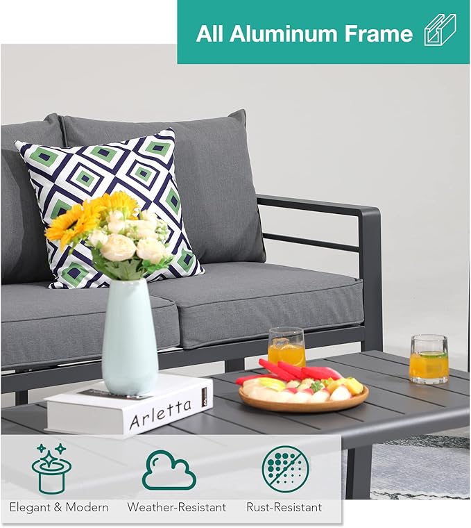 Patiorama Aluminum Patio Furniture Set, 4 PCS Modern Patio Conversation Set, All Weather Dark Grey Outdoor Sectional Sofa Set w/Table, 3-Seater Sofa, Superior Olefin Cushion, Garden-Grey Cushion