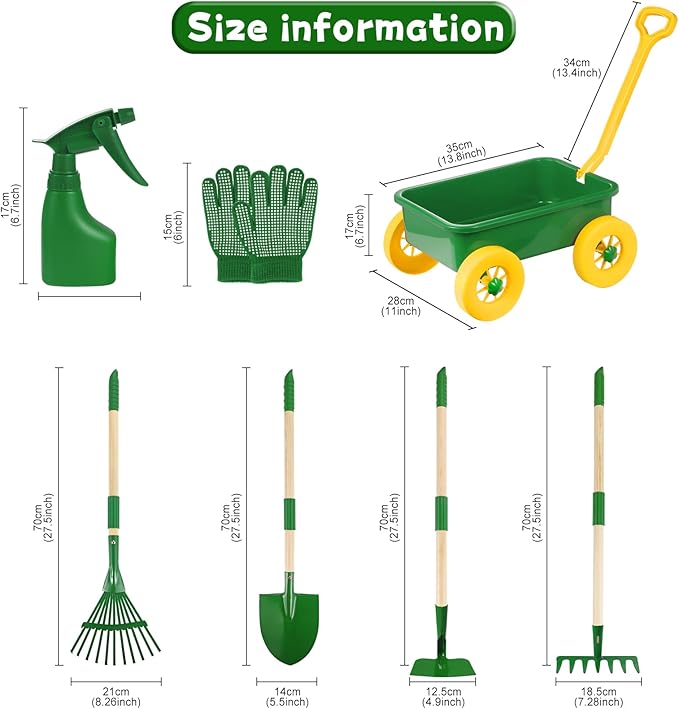 Duckura Kids Gardening Tools Set - 7pcs Wheelbarrow Set Outdoor Toy for Kids with Shovel, Rake, Leaf Rake, Yard Digging Weed Toys, Valentine's Birthday Gifts for Boys Girls Age 2 3+Years Old(Yellow)