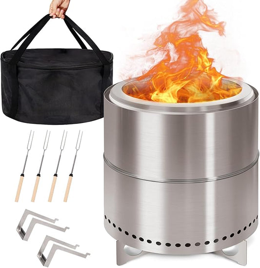 GREENVINES Smokeless-Firepit | 15-Inch | Stainless-Steel-Fire-Pit | Portable Outdoor Pits with Stand for Camping | Solo Wood Burning Bonfire | Low Smoke Stove | Bag & Sticks & Holders