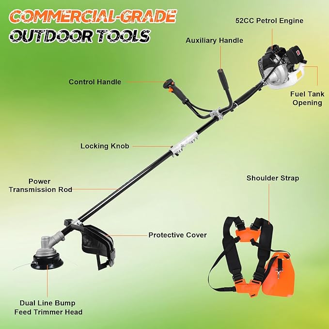 52CC Gas Powered Lawn Mower & Weed Trimmer for Large Yards, High-Power Engine, Easy Start, Durable Brush Cutter, DIY Yard Maintenance, All-Season Use