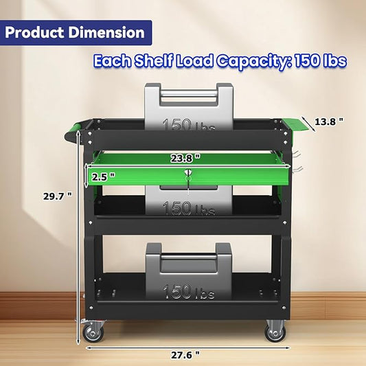 3 Tier Rolling Tool Cart with Drawer, 450 LBS Heavy Duty Utility Cart on Wheels, Service Cart for Garage, Workshop and Warehouse (Black&Green)
