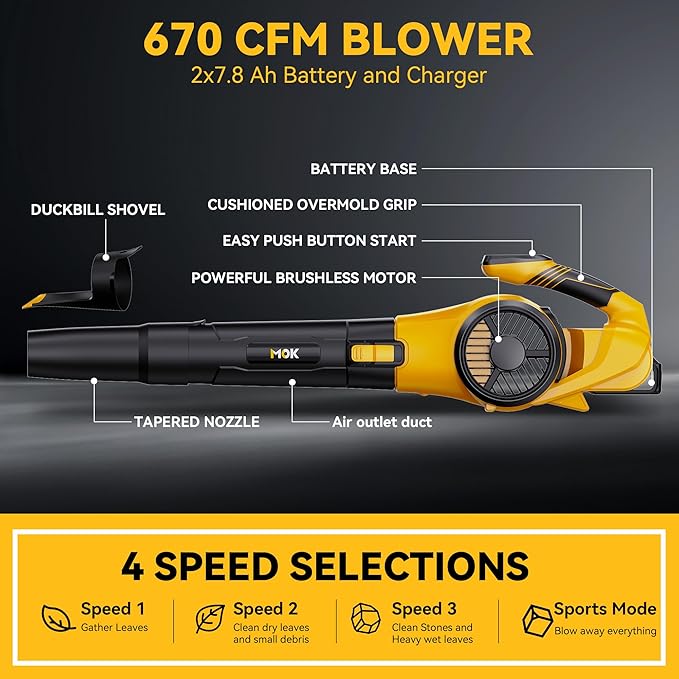 MOK Leaf Blower Cordless, 670CFM Electric Leaf Blowers with 2 x 7.8Ah Batteries and Charger, 3- Speed & Turbo Mode,1 x Rubber-Coated Snow Shovels, 1 x Shoulder Strap, Blowers for Lawn Care/B
