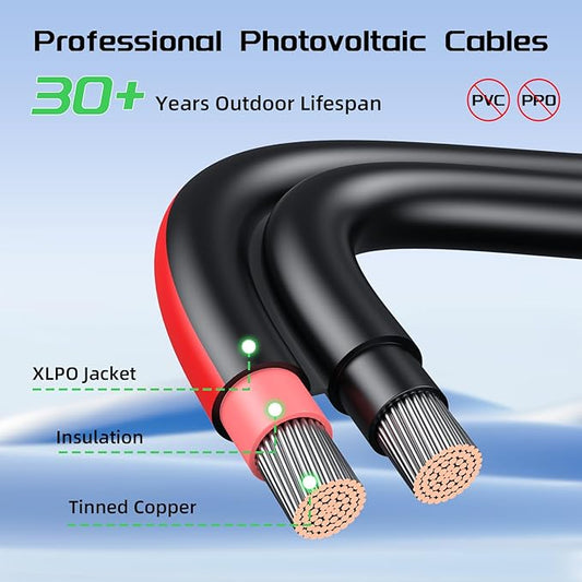 Bateria Power 50 Feet 10AWG Solar Panel Extension Cable 6mm² with Female & Male Connectors, 10 Gauge Twin Wire Conductor Parallel Solar Wire Adapter for RV, Photovoltaic Systems