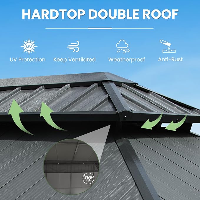 Domi 12' X 20' Hardtop Gazebo, Upgraded Metal Gazebo with Dual-Layer Resin Roof, Drainage System, Curtain and Netting, Outdoor Shelter Canopy for Patio, Garden, and Backyard, Grey