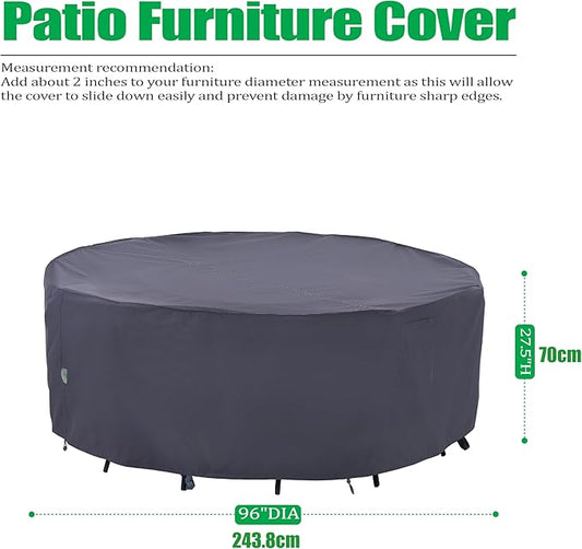 F&J Outdoors Outdoor Patio Furniture Covers, Waterproof UV Resistant Anti-Fading Cover for Large Round Table Chairs Set, Grey, 96" Dia x 27.5" H