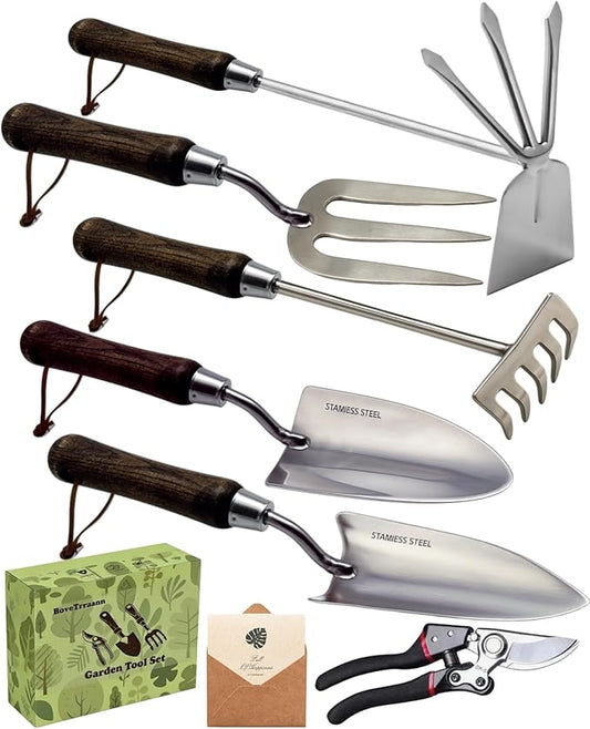Garden Tool Set, 6PCS Heavy Duty Stainless Steel Gardening Hand Tools with Ropes, Includes Trowel, Transplanter, 2-in-1 Hoe, Pruner & More, Ideal Gardening Gift for Man and Woman (Gift Box Packaging)