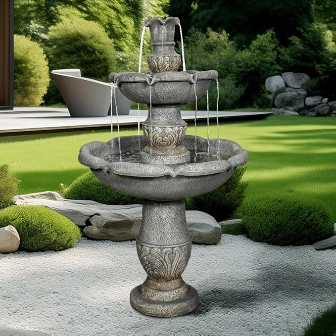 ourrco Garden Rustic Outdoor Floor 2-Tier Water Fountains 48.4" H Classical Flowerpot Shape Top Concrete Fountain and Waterfalls for Outdoor, Garden, Backyard, Porch, Deck, Patio