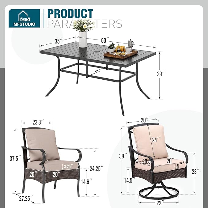 MFSTUDIO Outdoor Dining Set for 6, 60'' Patio Metal Table and Chairs, 6 Swivel & Fixed Chairs with Cushions & Rectangular Table, Heavy Duty Outdoor Dining Furniture for Deck, Backyard
