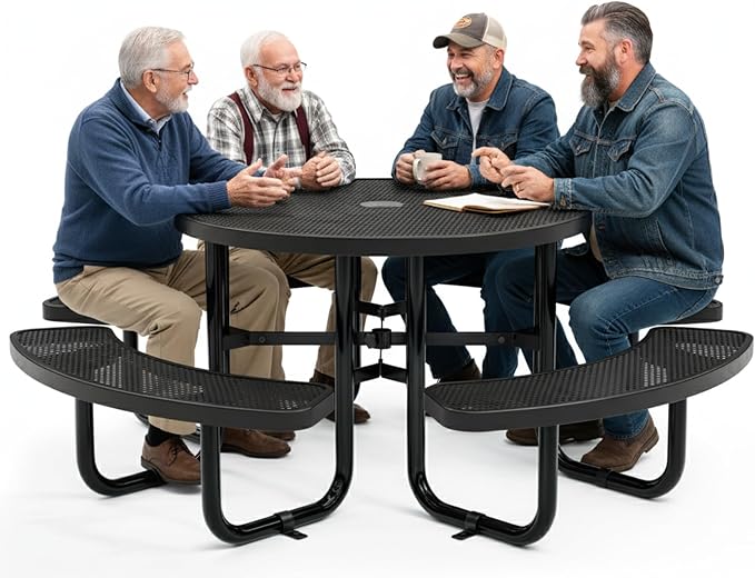 OUTTANS Metal Picnic Tables for Outdoors with Umbrella Hole - Coated Steel Heavy Duty Commercial Grade Furniture Set with Adjustable Seats (Black, 46 in, Round, Punched Steel)