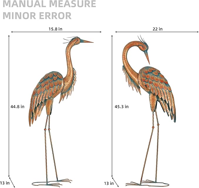 Ultym 44.8" Tall Extra Large Metal Crane Decor, Handcrafted Distressed Bronze Heron Sculpture with 4-Piece Secure Ground Stakes, Vintage Charm Outdoor Garden Statue Yard Art for Patio & Backyard Decor