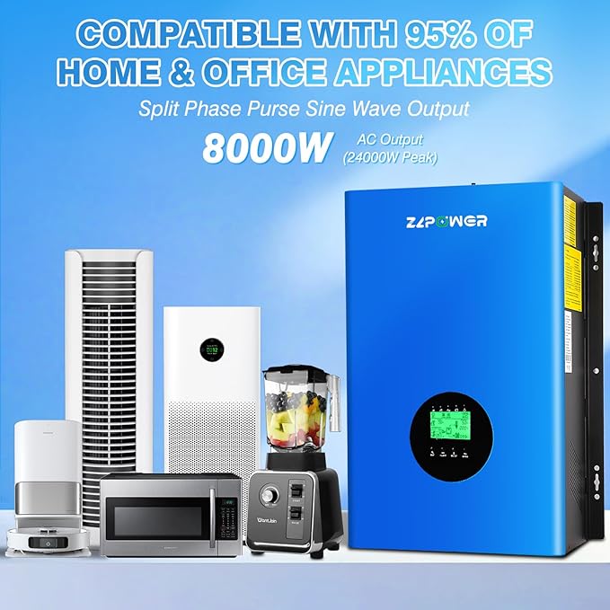 CAMINI 8000W 48V Hybrid Solar Inverter, 24000W Peak, 120/240V Split Phase Pure Sine Wave, UL1741 Certified, Built-in 2 MPPT Solar Charger, Low Frequency Off-Grid Inverter for Home & Business