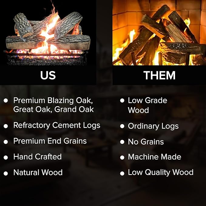 24" Premium Gas Logs - for Vented Fireplaces, Natural Gas or Liquid Propane - Blazing Oak Design (Logs Only)