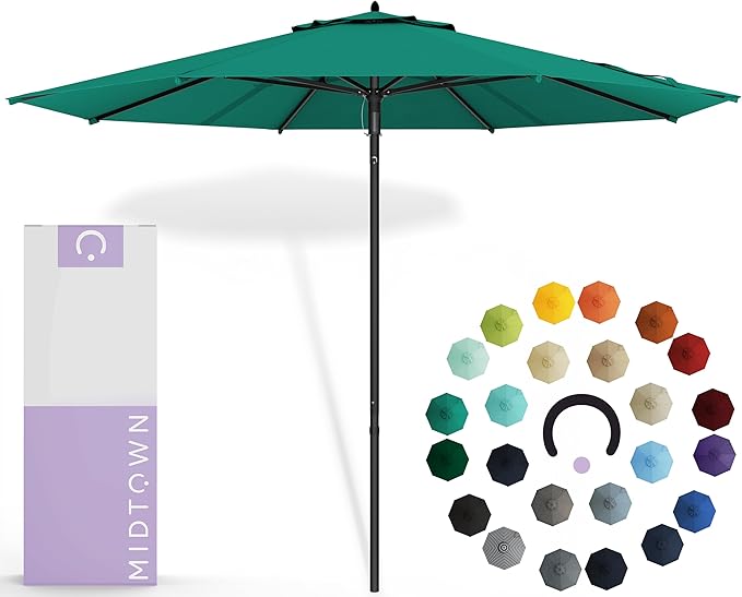 Midtown Umbrellas Push Pop Sunbrella Umbrella 10 Feet Large Outdoor Umbrella With Canvas Teal Fabric - Deck Patio Umbrella, Backyard Umbrella, Garden Umbrella & Pool Umbrella - Black Pole