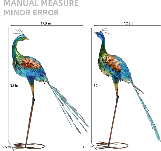 Ultym 32" Tall Metal Peacock Garden Statue, Handmade Oversized Couple Peacock Sculptures with Anchor Ground Stakes, Iron Ornament Yard Art Decor for Garden, Patio, Entryway Porch, or Home Space.